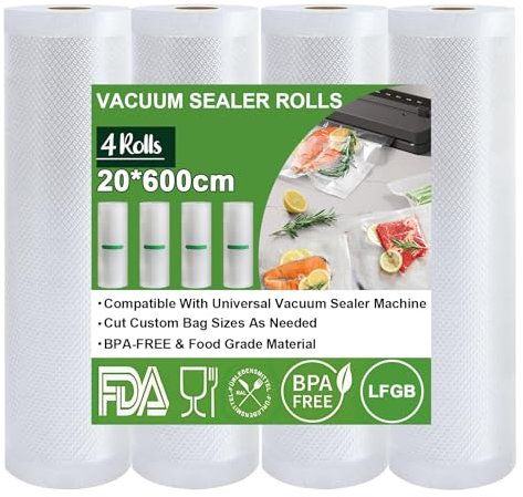 Omtofo Bolsas de envasado al vacío, 4 Rollos, 20 x 600cm/rollo, Bolsas de vacío para Alimentos, sin BPA, 150 µm, Rollo de lámina de vacío para Todas Las envasadoras al vacío, microondas y Sous