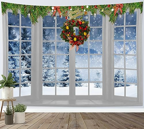 LB Wandteppich Weihnachten Wandtuch Wald im Berg mit Schnee Wandbehang Winterlandschaft aus dem Fenster Tapisserie für Wohnzimmer Schlafzimmer Wohnheim Wanddeko,235Bx180H cm