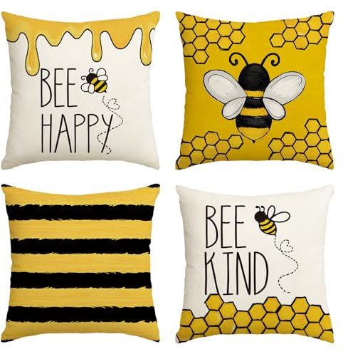 Artoid Mode Honig Bee Sommer Kissenbezüge 4er Set, 45x45 cm Saisonnal Happy Kind Zierkissenbezug Cushion Cover Couch Wohnzimmer Deko