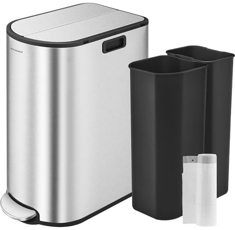 SONGMICS Doppel-Küchen-Mülleimer, 20,1 und 30,3 l Fächer, Mülleimer mit Flügeltüren, Edelstahl, sanft schließend, Inneneimer, Metallic Silber, ULTB570B50