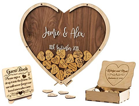 Personalisierte benutzerdefinierte Text Brief Herz Hochzeit Gästebuch mit 30-100pcs hölzernen Herzen, hölzerne Hochzeit Gästebuch Zeichen, Jubiläum Hochzeit Zeichen im Buch für Zeremonie (style 1)