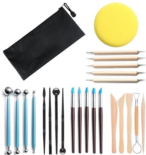 SRTSTR 25 Stück Modellierwerkzeugset Ton Werkzeug Set Silikonpinsel Modelier Polymer Clay Tools Doppelkopf Dotting Tool mit Aufbewahrungstasche Töpferwerkzeug für Fondant Keramik Skulptur Malerei