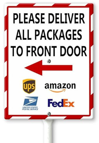 Ymaotrade Lieferschild für den Außenbereich – Bitte liefern Sie alle Pakete an die Haustür mit Pfeil nach links, Hofschild mit Heringen, 17,5 x 22 cm, stabile Aluminium-Rasenschilder, rostfrei,