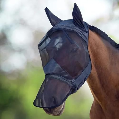 Horse Master Horse Fly Mask, Mesh Long Nose with Ears, Full Face, Black, Protection from Insect Pests (Cob)