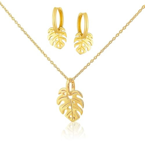 Mary & Jules Schmuckset Monstera Gold Halskette und Ohrringe, aus recyceltem Silber, 925 Sterling Silber, vergoldet, mit Monstera Blatt Anhänger, Kette und Creolen, für Frauen Mädchen