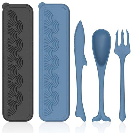 Lot de 2 couverts de voyage réutilisables en plastique avec étui, cuillères, fourchettes, couteaux pour boîte à déjeuner, voyage, pique-nique, camping, usage quotidien (bleu foncé, noir)