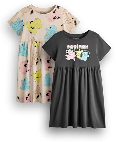 Pokemon Mädchenkleid 2er-Pack | Kurzarm-Sommerkleider in Dunkelgrau und Hellbraun mit grafischer Tageskleidung | Pikachu Squirtle Jigglypuff Multipack-Kleidungsset | Game TV Serien Film Merchandise