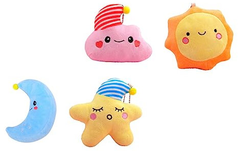 DEARMAMY 4 Stück Plüsch Sonne Und Stern Hängedekoration Kuschelige Deko Puppen Für Schlüsselanhänger Selbstgemacht Auto Und Kinderwagen Spielzeug Als Für Geburtstage Und