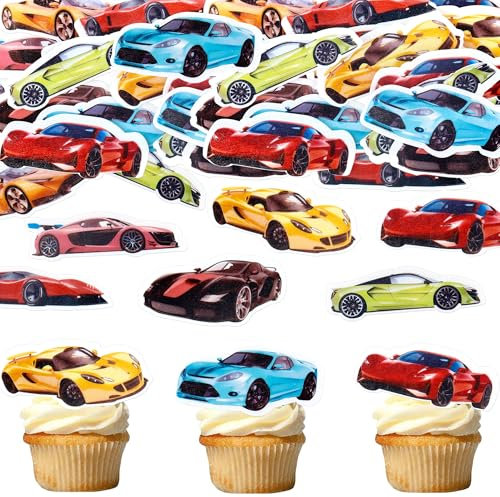 Blumomon 45Pc Edible Sports Car Cupcake Toppers Happy Birthday Cake Decoration Picks for Racing Sports Theme Baby Shower Boys Birthday Party Cake Supplies