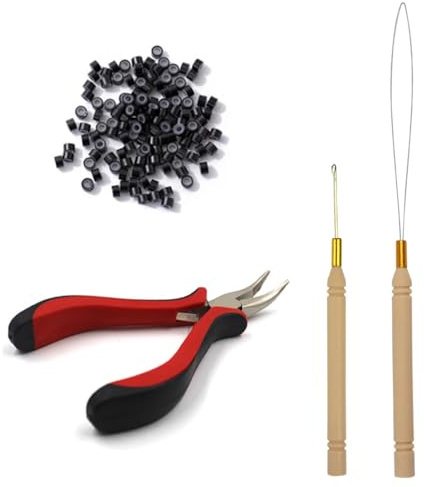 GXGM Extensión de cabello Microringlli Extensión de cabello, con 1 alicate, 1 gancho, 1 gancho para anillos y 100 piezas Micro anillos de extensión de cabello Juego de herramientas de extensión