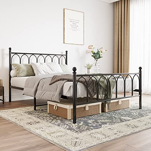 JELUTE Double Metal Bed Frame 135 x 190 cm with Headboard and Footboard Heavy Duty Foundation,Metal Slat Support, Black