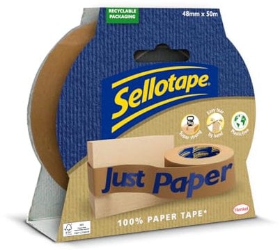Sellotape Paper Tape - Plastic Free Tape, Tearable for Easy Use, 100% Paper* Parcel Tape for Gift Wrapping and Crafts, Brown, 48mm x 50m