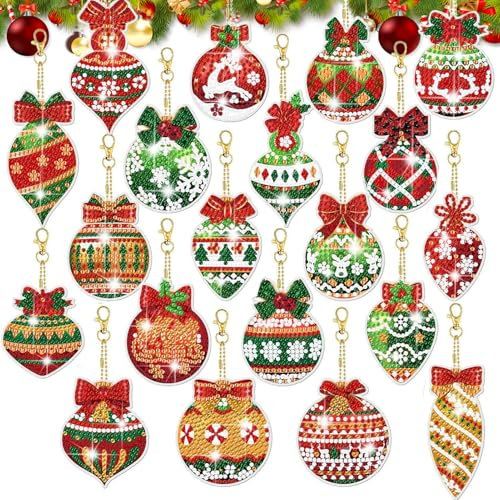 Meanju Diamond Painting Weihnachtsanhänger 20 Stück, 5D Weihnachtsball Schlüsselanhänger, Bastelset DIY für Kinder
