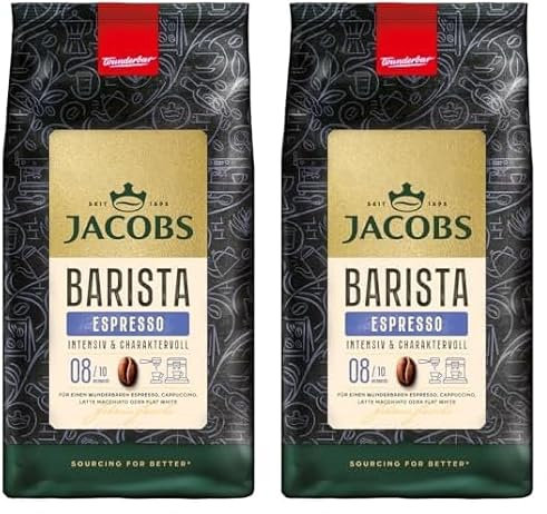 Jacobs Barista Espresso Kaffeebohnen 1kg – Kräftig, Würzig, Kakao & Karamell-Noten, Arabica & Robusta Bohnen, Intensität 8/10, ideal für Espresso oder Latte Macchiato (Packung mit 2)