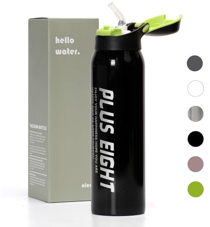 pluseight Bouteille d'eau isotherme avec paille – Gobelet étanche en acier inoxydable 18/8 pour sport, salle de sport ou bureau, sans BPA, garde au froid 24 h et au chaud et 12 h (noir)
