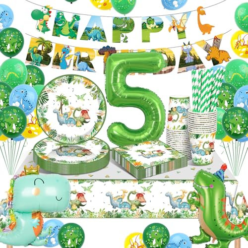YEJIKIJI Dinosaurio Vajilla Cumpleaños Infantil, Globos Dinosaurios 5 Años, Vajilla de Cumpleaños de Dinosaurio, Platos y Vasos para Cumpleaños 5 Años, Decoracion Dinosaurios Vajilla Fiestas(16 Guests
