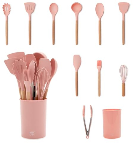 GreenLife CC009484-001 11pc Crock Set, Silicone. Wooden Handle, Dusty Pink