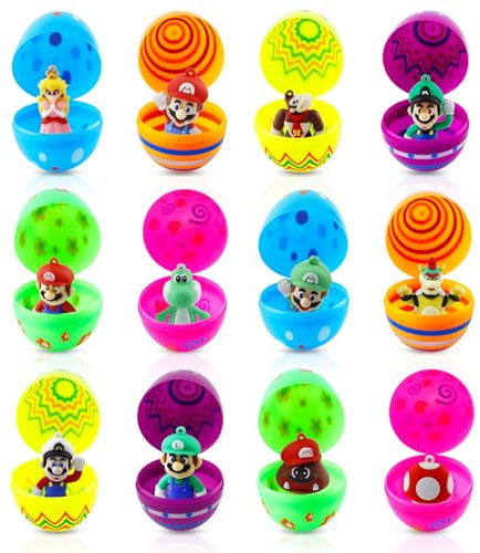 Sinaikepoo 12 Stück Mario Ostereier mit Spielzeug, Befüllbare Ostereier mit Cartoon Figuren, Plastik Ostereier Gefüllte Ostereier, Easter Eggs for Filling, Ostergeschenke Kinder