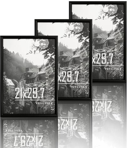 VUVUZULA Bilderrahmen A4 Schwarz Holz 21x30cm 3er Set Fotorahmen Holzrahmen MDF Rahmen DIN A4 Urkunden Posterrahmen