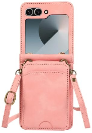 YLTPHD Custodia porta carte di credito portafoglio per Samsung Galaxy Z Flip 6 5 4 3 ZFlip Flip6 Flip5 Flip4 Flip3 con tracolla e cordino, rosa, per Samsung Z Flip 4