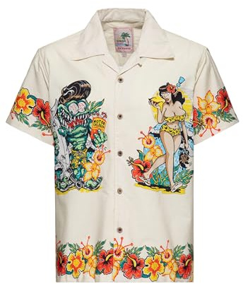 King Kerosin Herren Hawaii · Hemd · Kurzarm · Hawaiian Shirt · Artwork · Cartoon · Print · Monster · Surfer · Vintage · Retro · 50s · Rockabilly · Bio Baumwolle · I Make My Dreams Come True