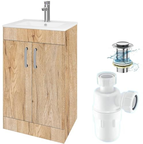 BELOFAY Vanity Unit With Basin | 600mm Bathroom Vanity Units With Basin | Floor Standing Slim Design | With 1 Tap Hole Ceramic Bathroom Sink, Trap & Waste, Tap not included (Newyork Wood Grains)