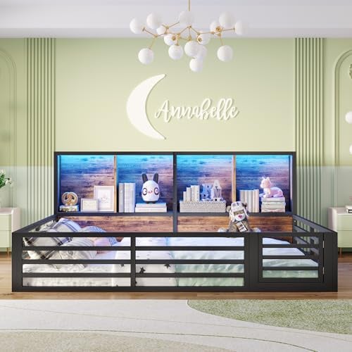 Bodenbett 140x200 mit LED-Beleuchtung, Kinderbett mit Stauraumfach und Rausfallschutz aus Metall inkl. Lattenrost und Tür,Montessori Bett Gitterbett Kinder Jugendbett Doppelbett,Ohne Matratze,Schwarz