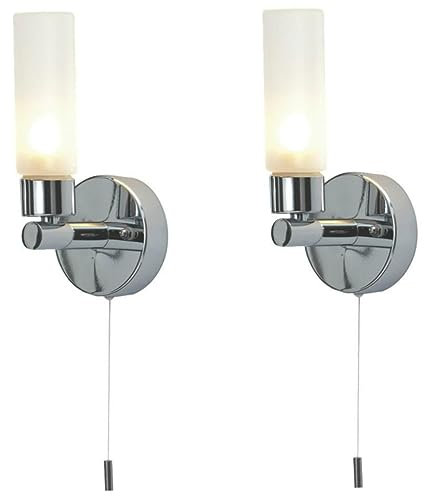 firstchoicelighting Pair of Modern Chrome IP44 Bathroom Wall Light with Pull Cord Switch Zone 2 3