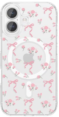 ZTOFERA Magnetische Klar Hülle für iPhone 17 (6.3), Rosa Blume | Kompatibel mit MagSafe, Niedlich Schleife & Blume Muster, Transparente Handyhülle, Weiche TPU Stoßfest Schutzhülle