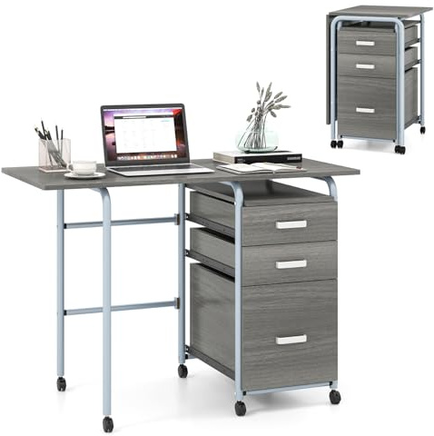 COSTWAY 2-In-1 Folding Desk with 3 Drawers (Grey, 105 x 50 x 75 cm) | Convertible Computer Desk with Rolling Wheels, Space-saving Foldable PC Laptop Table Study Desk for Living Room Bedroom Dorm