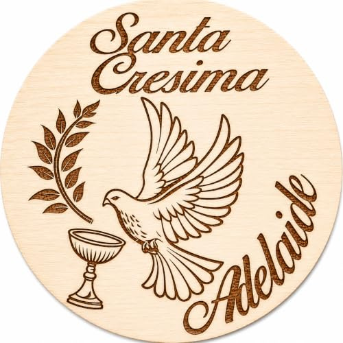 10 pz Ciondoli o calamite decorativi Personalizzabili in Legno per Prima Comunione, Battesimo e Cresima, Segnaposto con Incisioni a Colori, Bomboniere (Tondo colomba e calice)