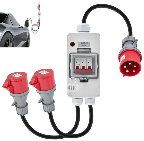 Adaptador CEE de 32 A a 16 A x 2, distribuidor de corriente fuerte con interruptor de circuito, 3 fases, 400 V, cobre puro de 5 pines, IP44, enchufe CEE con cubierta protectora, para obras, taller