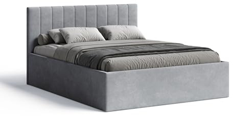 Meblofun Polsterbett RETTAN mit Kopfteil, 160x200 cm, Doppelbett mit Bettkasten und Lattenrost aus Holz, Velourstoff, Farbe: Grau