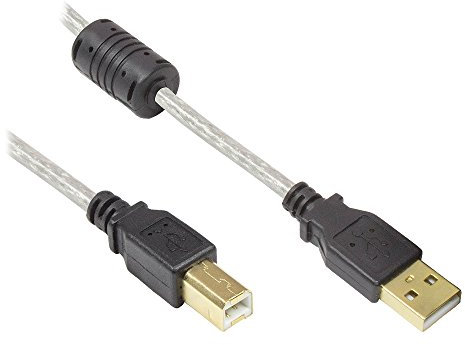 Kabelmeister® Anschlusskabel USB 2.0 High Quality mit Ferritkern und Goldkontakten, transparent, ca.