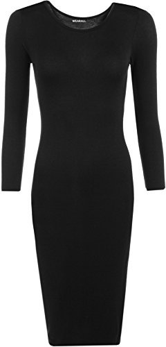 WearAll Womens Bodycon Stretch Plain Long Sleeve Ladies Round Neck Midi Dress - Black - 8/10
