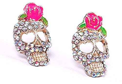 BODYA Colorful Cz Crusted Skull Sugar Pink Flower Floral Rose Stud Earrings Love Heart Design Retro Women Girls Earrings