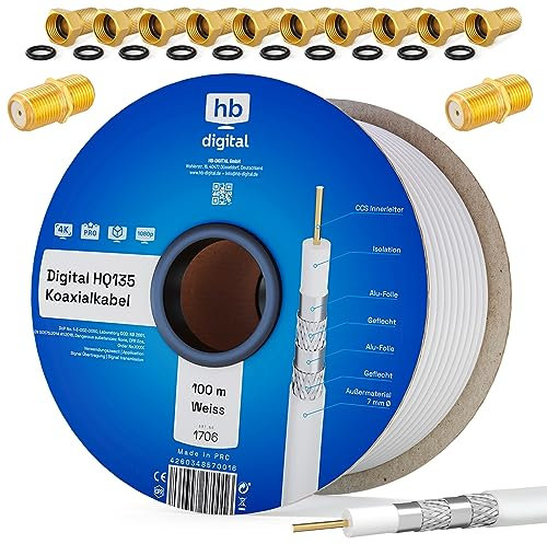 135dB 100m Koaxial SAT Kabel HQ-135 PRO 4-fach geschirmt 4K 8K UHD + 10 F-Stecker 10 Gummitüllen Wetterschutz für DVB-S / S2 DVB-C DVB-T BK Anlagen für Empfang von FULL HD 3D Ultra HD Signalen
