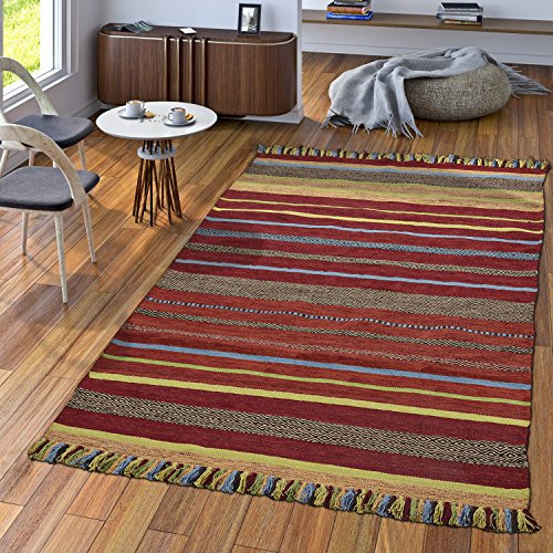 TT Home Handwebteppich Wohnzimmer Natur Webteppich Kelim Baumwolle Streifen Mehrfarbig, Größe:120x170 cm