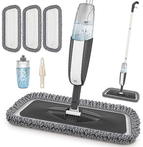 Spray Mop for Floor Cleaning - MANGOTIME Microfibre Floor Mop Dry Wet Mop for Laminate Tile Ceramic Wood Floor Cleaning Kitchen with 3 Reusable Pads 1 Refillable Bottle 1 Scraper(Grey)