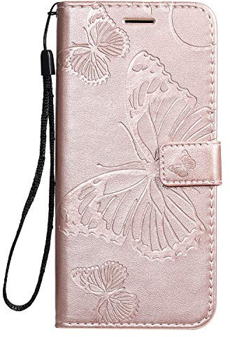 DENDICO Coque pour Xiaomi Redmi Note 8, Papillon Imprimé PU en Cuir Coque Magnétique Portefeuille TPU Étui Housse pour Xiaomi Redmi Note 8 - Or Rose