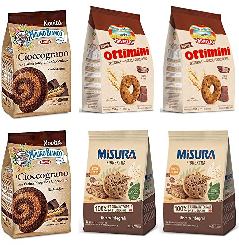 2x Mulino Bianco Cioccograno Vollkorn kekse mit schokolade 350g + 2x Misura Fibraextra Integrali Vollkorn kekse 330 g + 2x Divella Ottimini Integrali con gocce di cioccolato Vollkornkekse