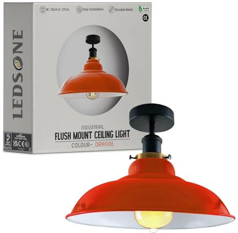 LEDSone Industrial Vintage Semi Unterputz Deckenbeleuchtung Deckenlampe Metall Schüssel Form Downlight Rot Lampenschirm Wohnzimmer Innen Dekoration E27 Sockel (orange)