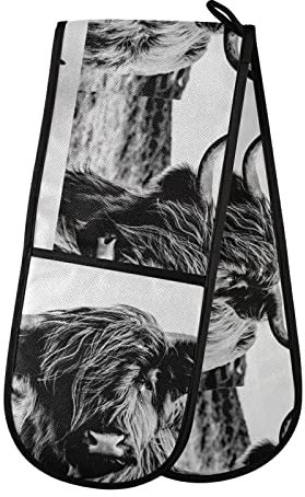 Black White Scottish Highland Cow Vintage Style Double Oven Mitt Gloves Extra Long Potholder High Heat Resistant for Baking Cooking Baking Grilling Handling Hots Pans 35x7