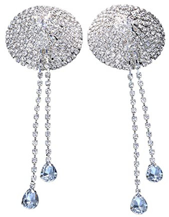 Doomiva 1 Pair Cache Téton Réutilisation Autoadhésif avec Strass Nipple Covers à Frange Accesoires de Sein Sexy Argenté Taille unique