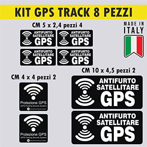 Kit 8 adesivi satellitari antifurto GPS per bicicletta, moto, macchine da costruzione, auto, camion, allarme antifurto cod. 1650 (NERO)