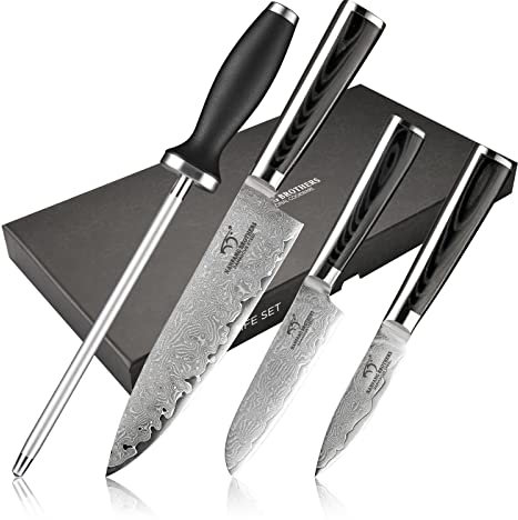 NANFANG BROTHERS Set de Couteaux de Cuisine Damas, 4 pièces 67 Couches d'acier VG10 forgé à la Main - Couteau de Chef, Couteau Santoku, Couteau d'office, Aiguisoir avec Boîte Premium