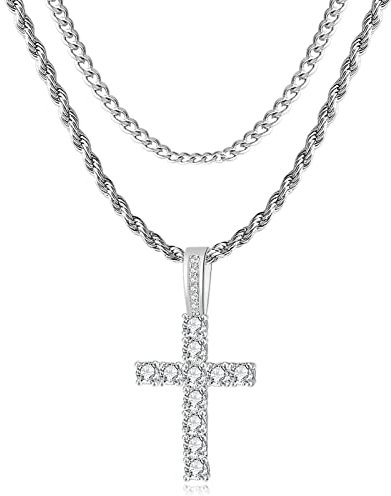 GEMOSA Kreuzkette für Herren, 14 Karat Gold, versilbert, massiv vereist, 5A+, Zirkonia, Edelstahl, kubanische Gliederkette, mehrlagige Ketten, 40,6 - 61 cm, großer Diamant-Anhänger, Nceklace für