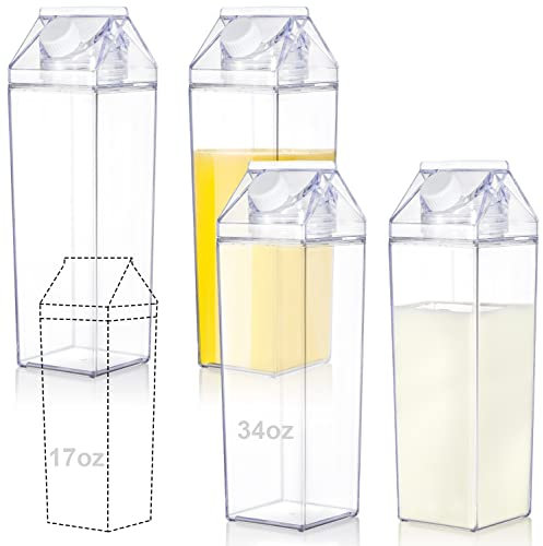 Yarlung 4 Pack 34 Oz/1000ML Milk Carton Water Bottle, Clear Plastic Milk Box Portable Leakproof Square Juice Bottle for Outdoor Sports Travel Camping