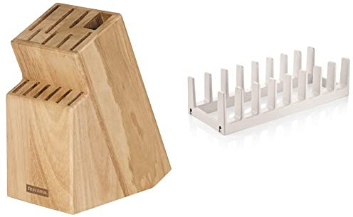 Tescoma 869508 Woody Ceppo per 13 Coltelli e Trinciapollo/Acciaino & 899480 FlexiSPACE Porta Coperchi, Bianco