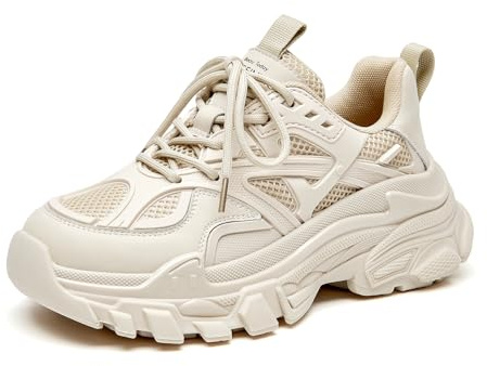 BEAU TODAY Chunky Platform Sneakers for Women Lace-Up Fashion Shoes Beige